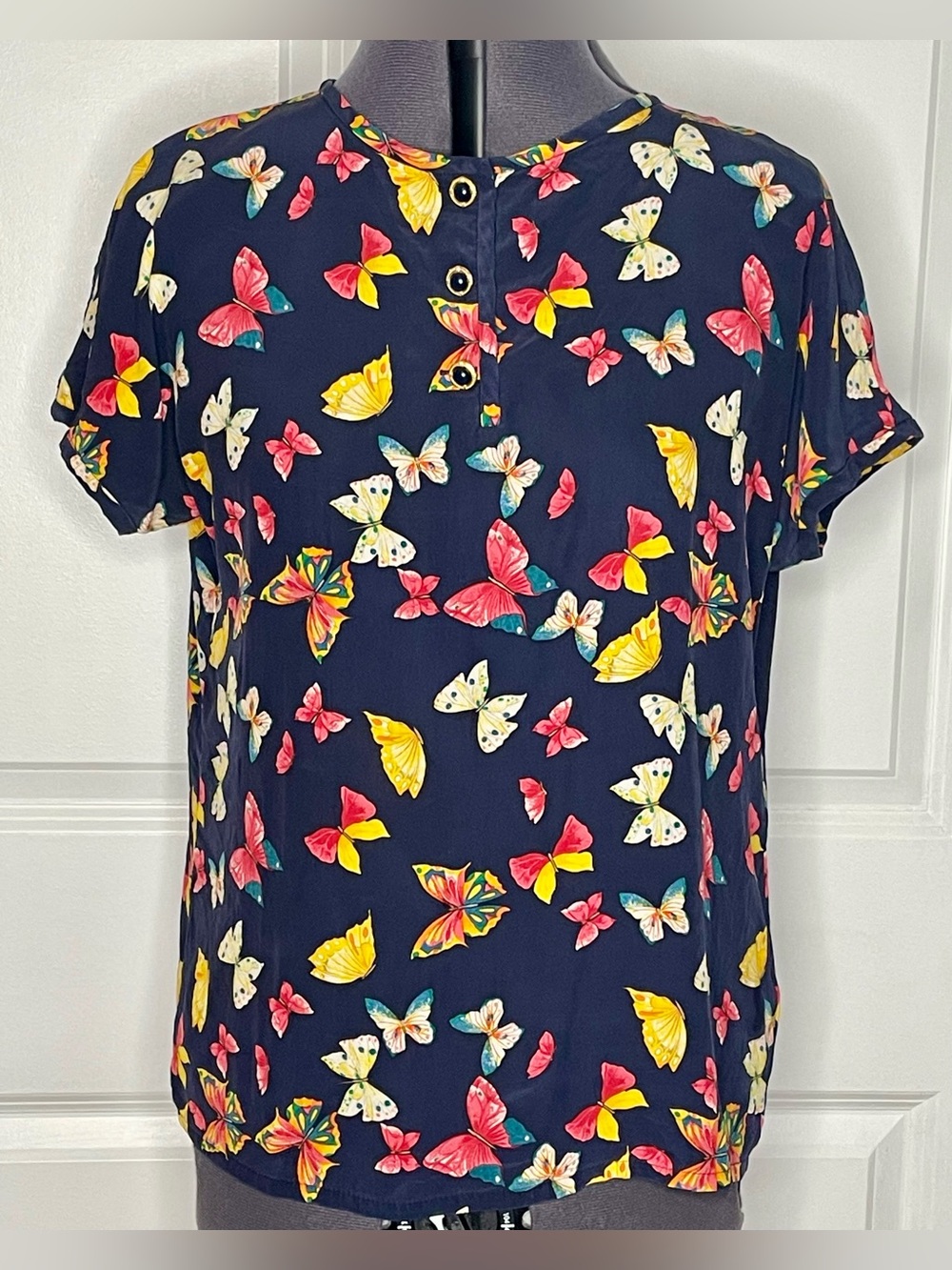 Vintage 90s Peter Hahn Butterfly Print Blouse Navy Novelty Top EU 40 Women’s